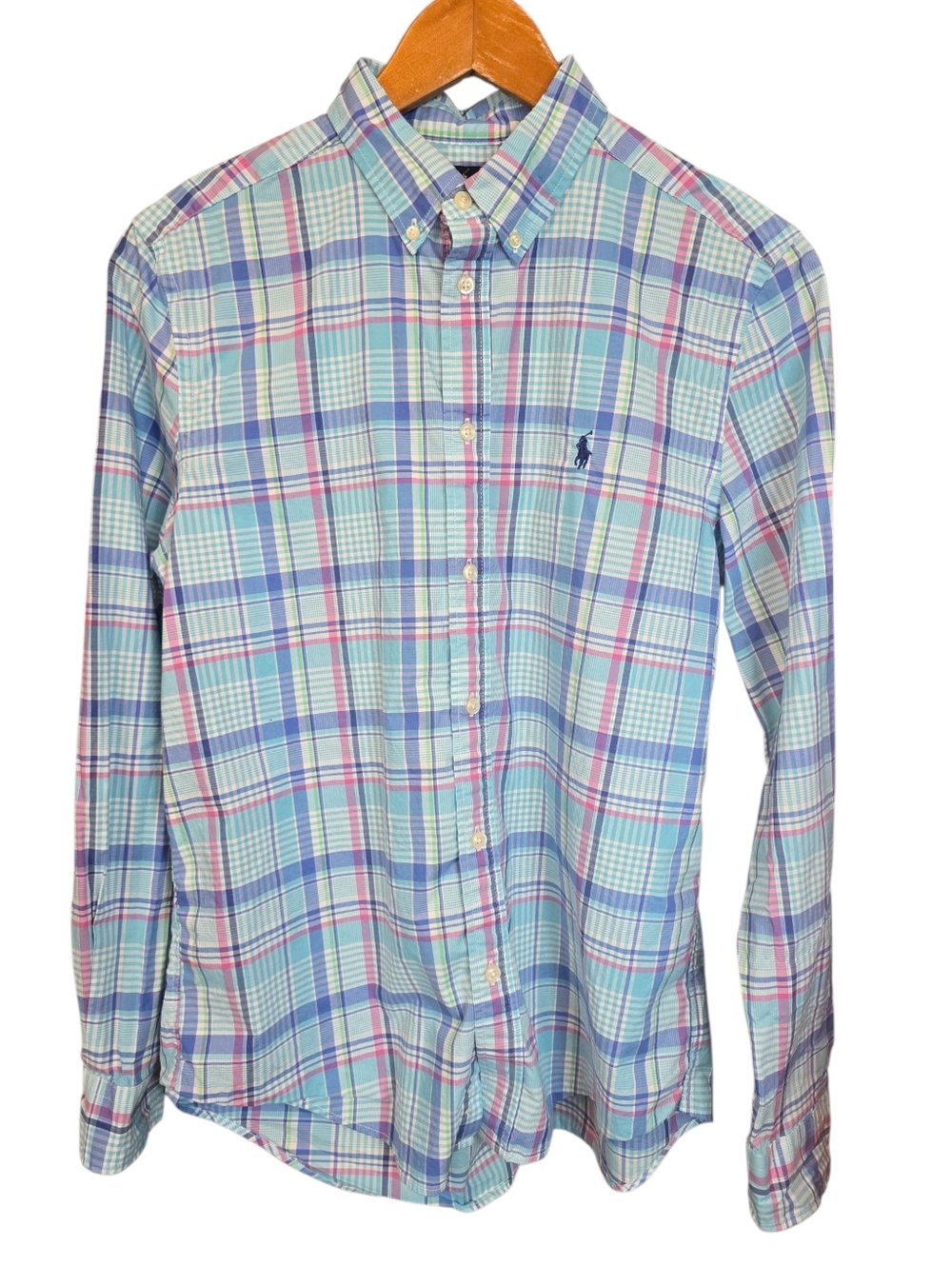 Ralph Lauren Boys 100% Cotton Plaid Button Down Shirt Blue Pink Green XL 18-20